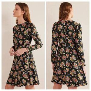 Boden | Women’s Wild Cluster Black Floral Print Crew Neck Fit & Flare Dress